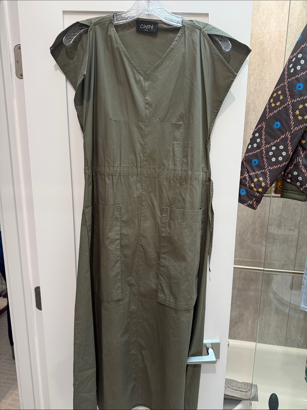 Olive Green Utility V-Neck Midi Dress- tie waist
